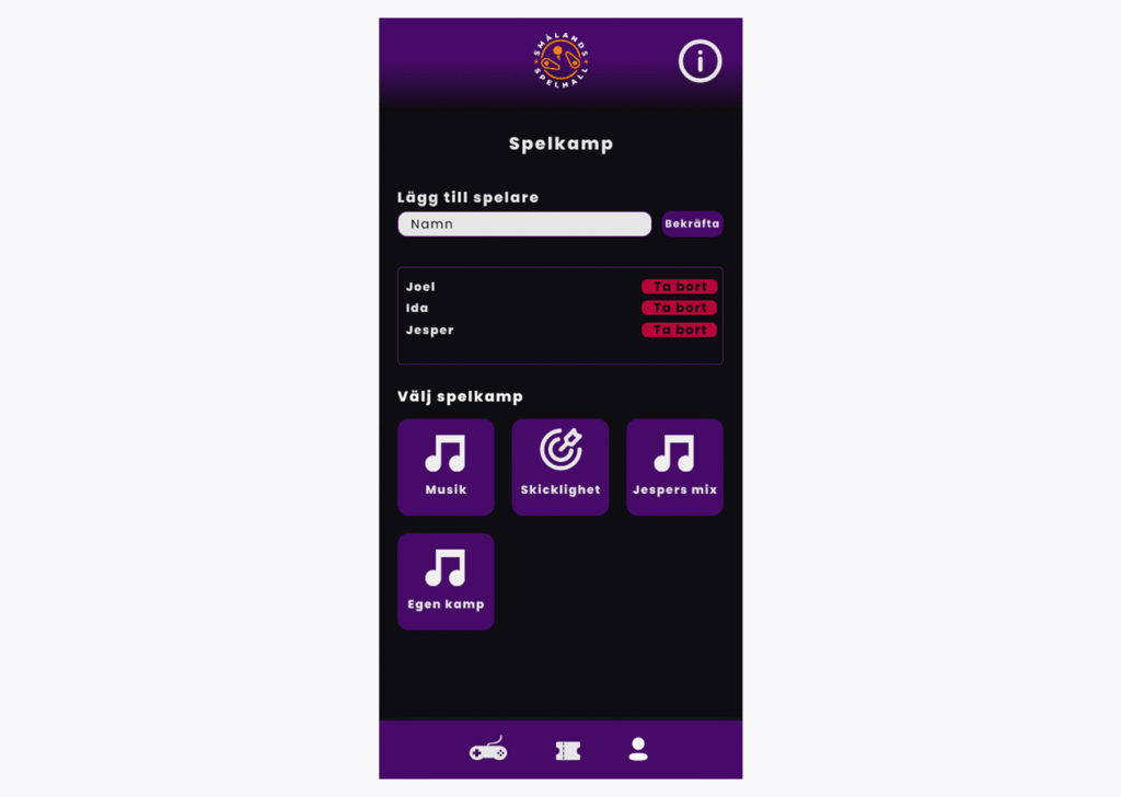 Prototype on smålands spelhall app startpage